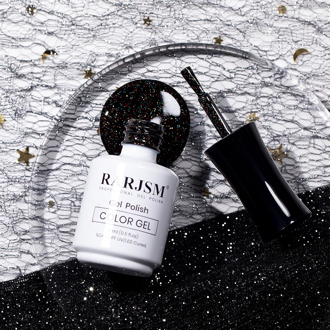 RARJSM Gel Nail Polish Black Glitter Sparkly Chunky Iridescent Rainbow Shimmer Pigments Nail Gel Polish Soak off Led UV Curing Required for Nail Art Salon Manicure 15ml Fall Winter Christmas