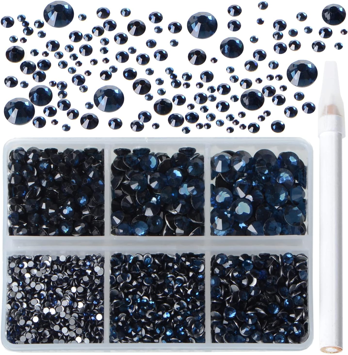 Bymitel 5000 Pieces 6 Mixed Sizes Glue Fix on Glass Rhinestones Round Crystal Gems Flatback for DIY Jewelry Making with one Picking Pen(6-Sizes 5000PCS, Montana)
