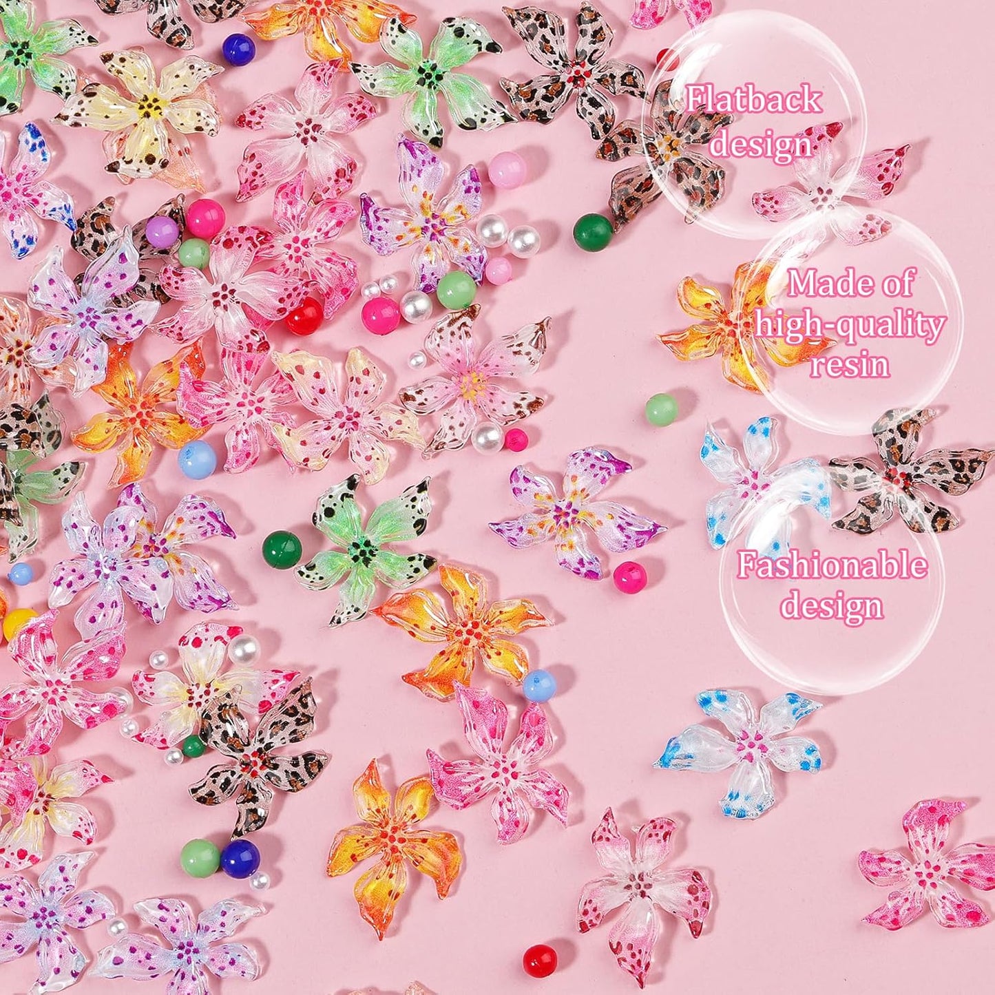 300Pcs Flower Nail Charms Kit, 100Pcs 3D Hawaii Flowers and 100Pcs Nail Pearls with 100Pcs Macaron Beads, Colorful Hibiscus Floral Charms Tiny Gems Round Beads for Nails Designs DIY Crafts