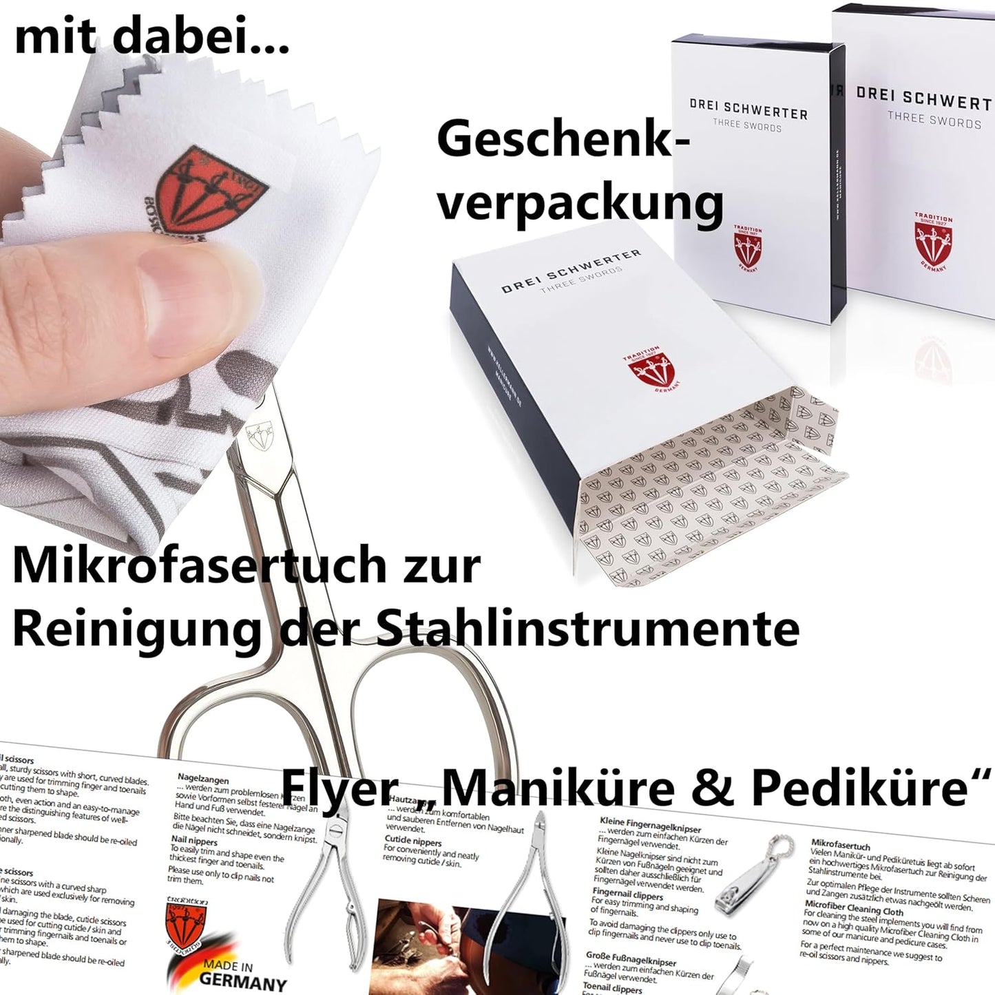 3 Swords Germany - brand quality 7 piece manicure pedicure grooming kit set for professional finger & toe nail care scissors clipper fashion leather case in gift box, Made by 3 Swords (84322)
