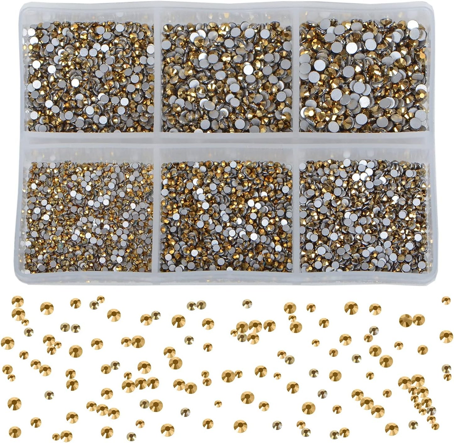 Bymitel 7200 Pieces 6 Mixed Sizes Glue Fix on Glass Rhinestones Round Crystal Gems Flatback for DIY Jewelry Making with one Picking Pen (6-Sizes 7200PCS, Aurum)
