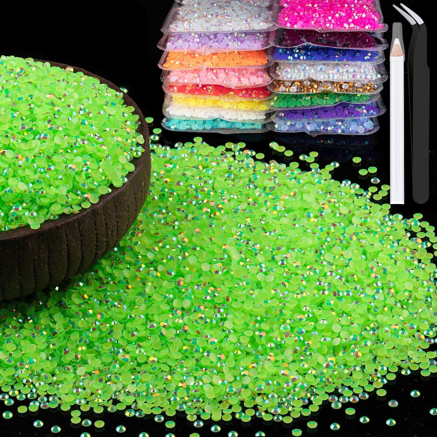 15000pcs 2mm Resin Rhinestones Bulk, Fluorescent Green AB Flatback Round Jelly Rhinestones Non Hotfix Crystal Gems Large Quantity Wholesale for DIY Crafts Clothes Face Makeup Manicure