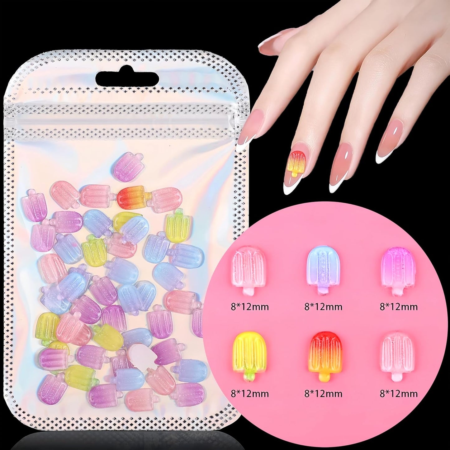 50Pcs Summer Colorful Ice Cream Nail Art Charms Kawaii Nail Charms for Acrylic Nails Mini Ice Lolly Summer Flatback Nail Rhinestones for Women Nails DIY Nail Supplies Cute Nail Art Craft Accessories