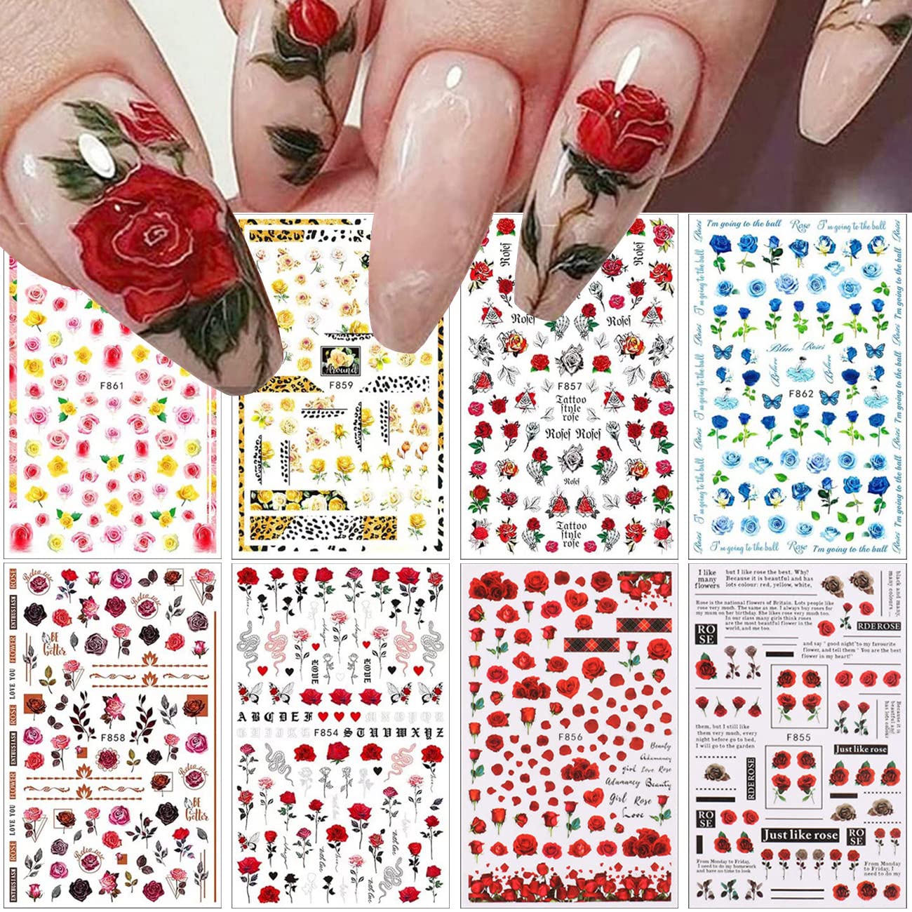 8 Sheets Flower Nail Art Stickers 3D Rose Nail Decals Self Adhesive Spring Summer Nail Charms Acrylic Nail Art Supplies Rose Floral Butterfly Nail Stickers for Women Girls DIY Nail Decorations