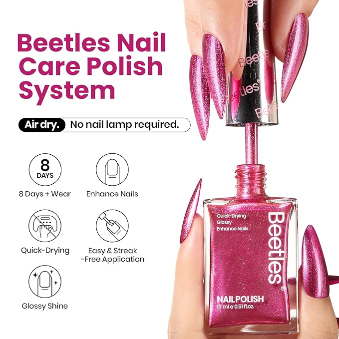 Beetles Hot Pink Nail Polish 15ml, Fast Drying & Long Lasting Glitter Nail Polish Pink Nail Lacquer Glossy for DIY Nail Salon-Quality Results