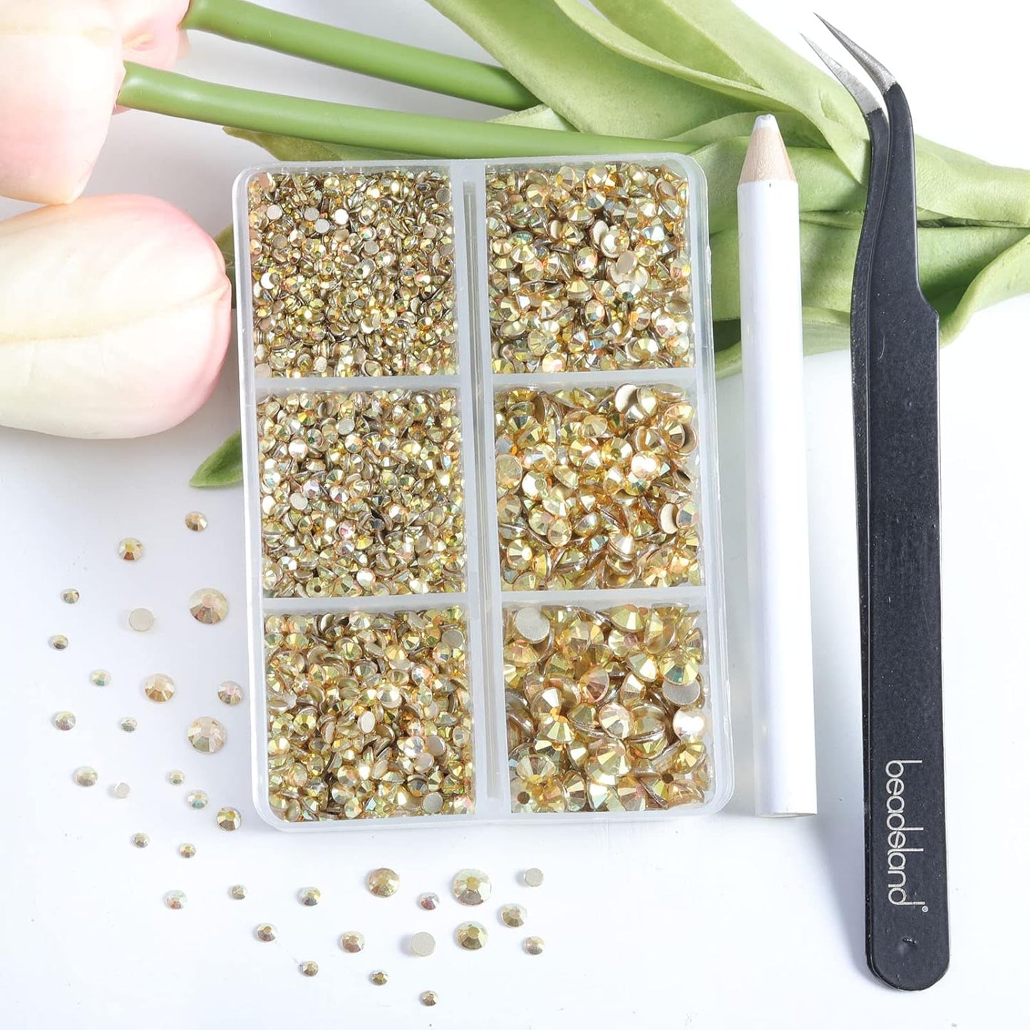 Beadsland 4300pcs Flatback Rhinestones,Gold Rhinestone Nail Gems Round Crystal Rhinestones for Crafts,Mixed 6 Sizes with Picking Tweezers and Wax Pencil Kit, SS6-SS20,Metal Sunlight