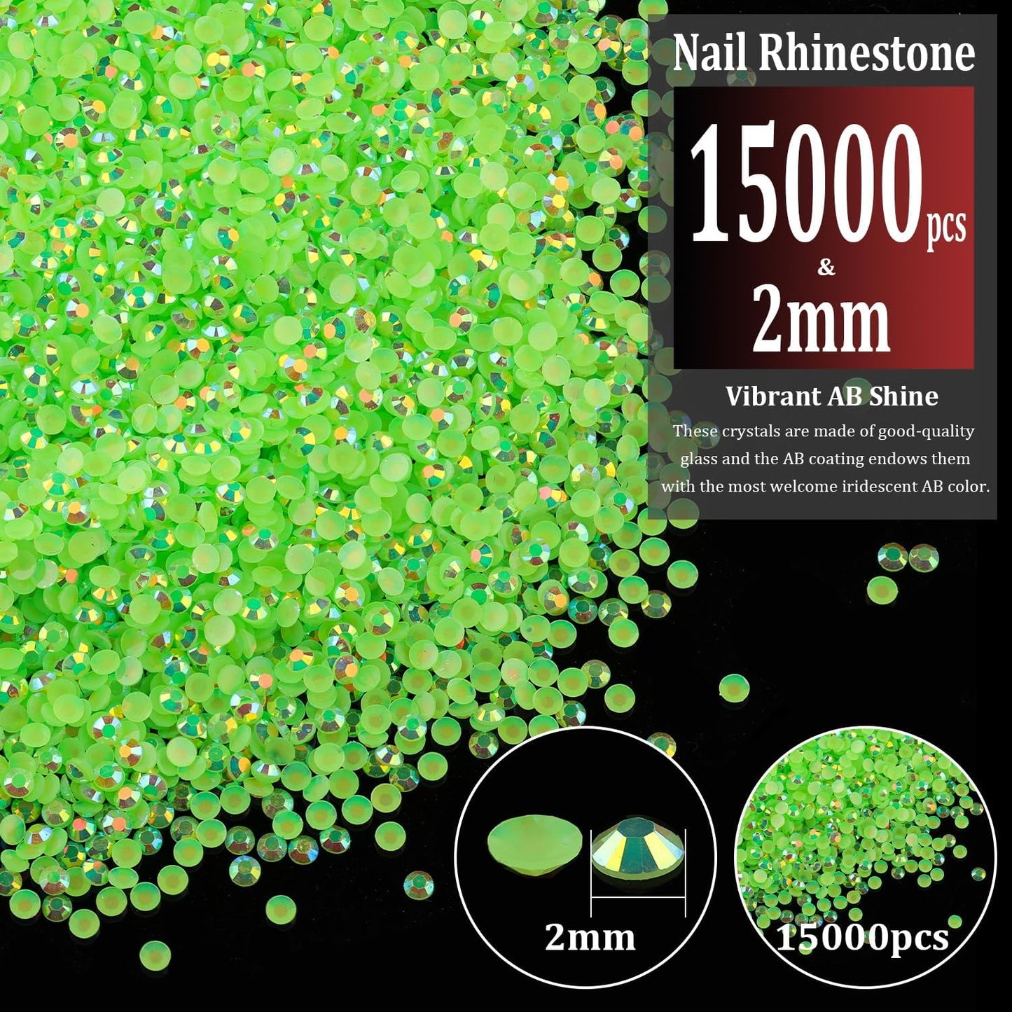 15000pcs 2mm Resin Rhinestones Bulk, Fluorescent Green AB Flatback Round Jelly Rhinestones Non Hotfix Crystal Gems Large Quantity Wholesale for DIY Crafts Clothes Face Makeup Manicure