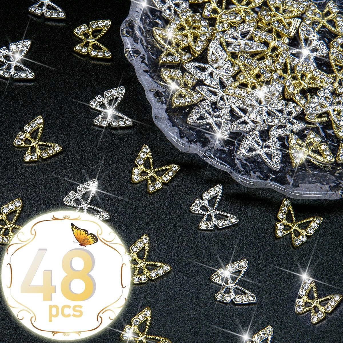 48pcs Butterfly Nail Charms Bulk 3D Golden Silver Butterflies Charms for Acrylic Nails, Nail Rhinestones Charms Alloy Studs Nail Art Jewels Diamonds Gems Decor Supplies for Nails Face Makeup