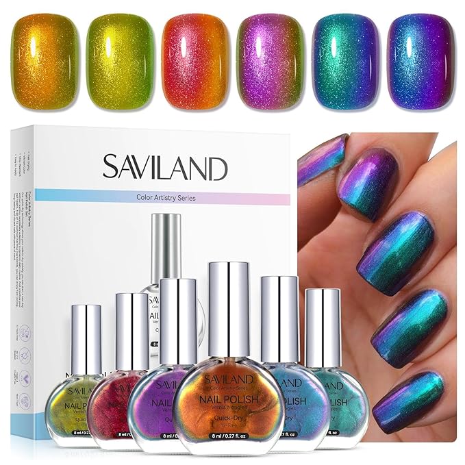 SAVILAND Color Artistry Chameleon Nail Polish Set: 12-Free Holographic Nail Polish Quick Dry 6 Colors Ultra Chrome Color Shifting Fingernail Polish Set Metallic Galaxy Nail Art DIY Gift For Women