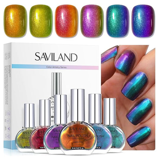 SAVILAND Color Artistry Chameleon Nail Polish Set: 12-Free Holographic Nail Polish Quick Dry 6 Colors Ultra Chrome Color Shifting Fingernail Polish Set Metallic Galaxy Nail Art DIY Gift For Women