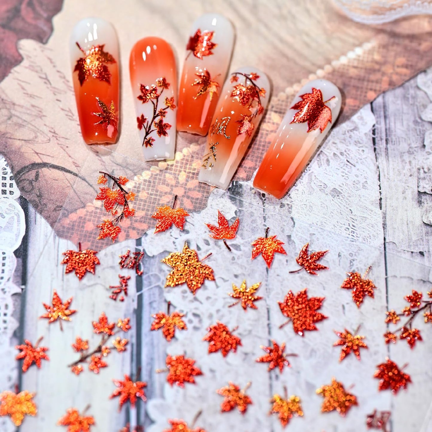 1 Sheets Fall Nail Stickers for Nail Art 5D Self-Adhesive Embossed Maple Leaf Nail Art Stickers Red Autumn Maple Leaves Nail Decals Thanksgiving Nail Design Sticker for Women DIY Manicure
