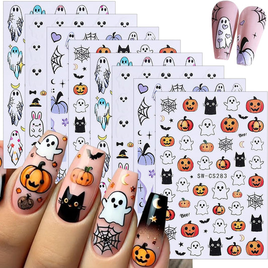 8 Sheets Halloween Nail Art Stickers Decals Cute Ghost Pumpkin Black Cat Bat Spider Web Design Nail Stickers Supply 3D Self-Adhesive Nail Decals for Halloween Party Nails Decoration DIY Manicure Tips