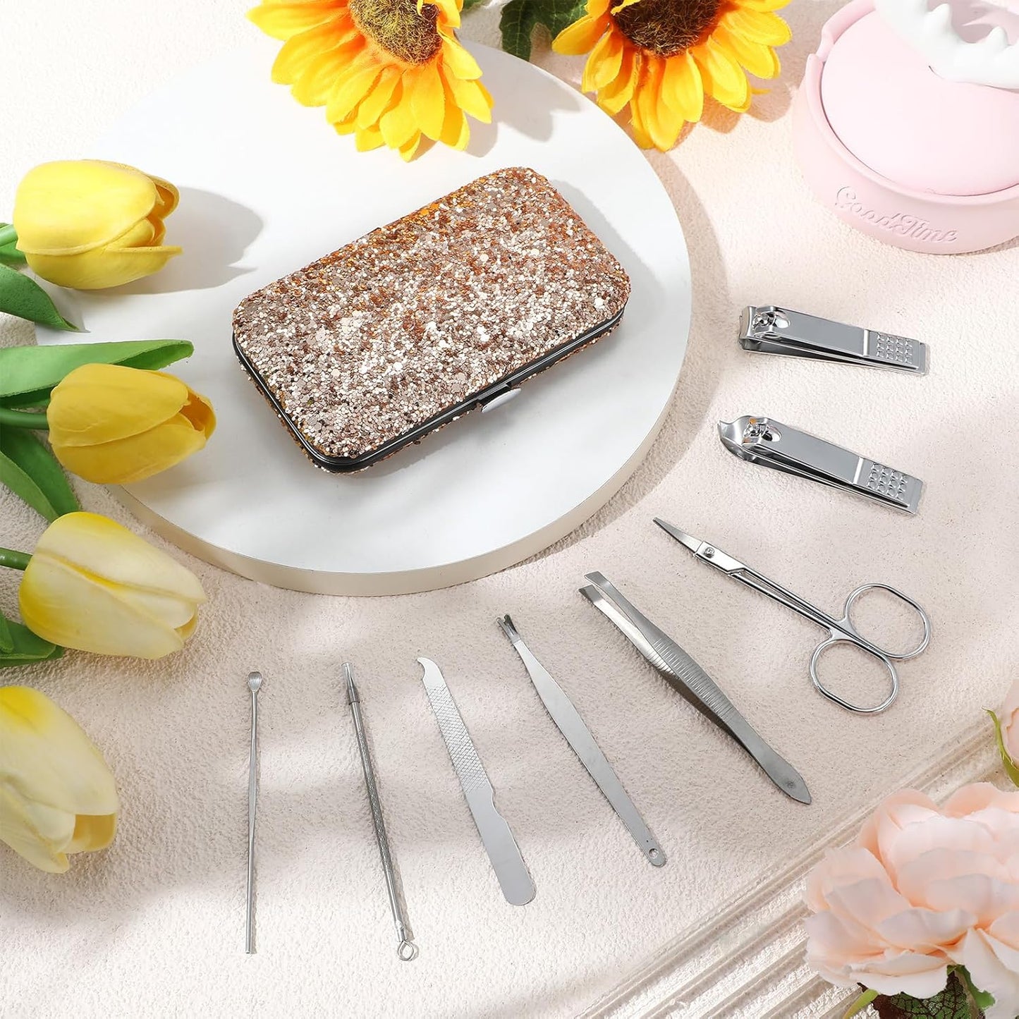 Geosar 12 Set 8 in 1 Manicure Set Stainless Steel Nail Clippers Kit Pedicure Care Tools with Leather Case Travel Grooming Kit Gift for Women Men(Glitter Rose Gold)