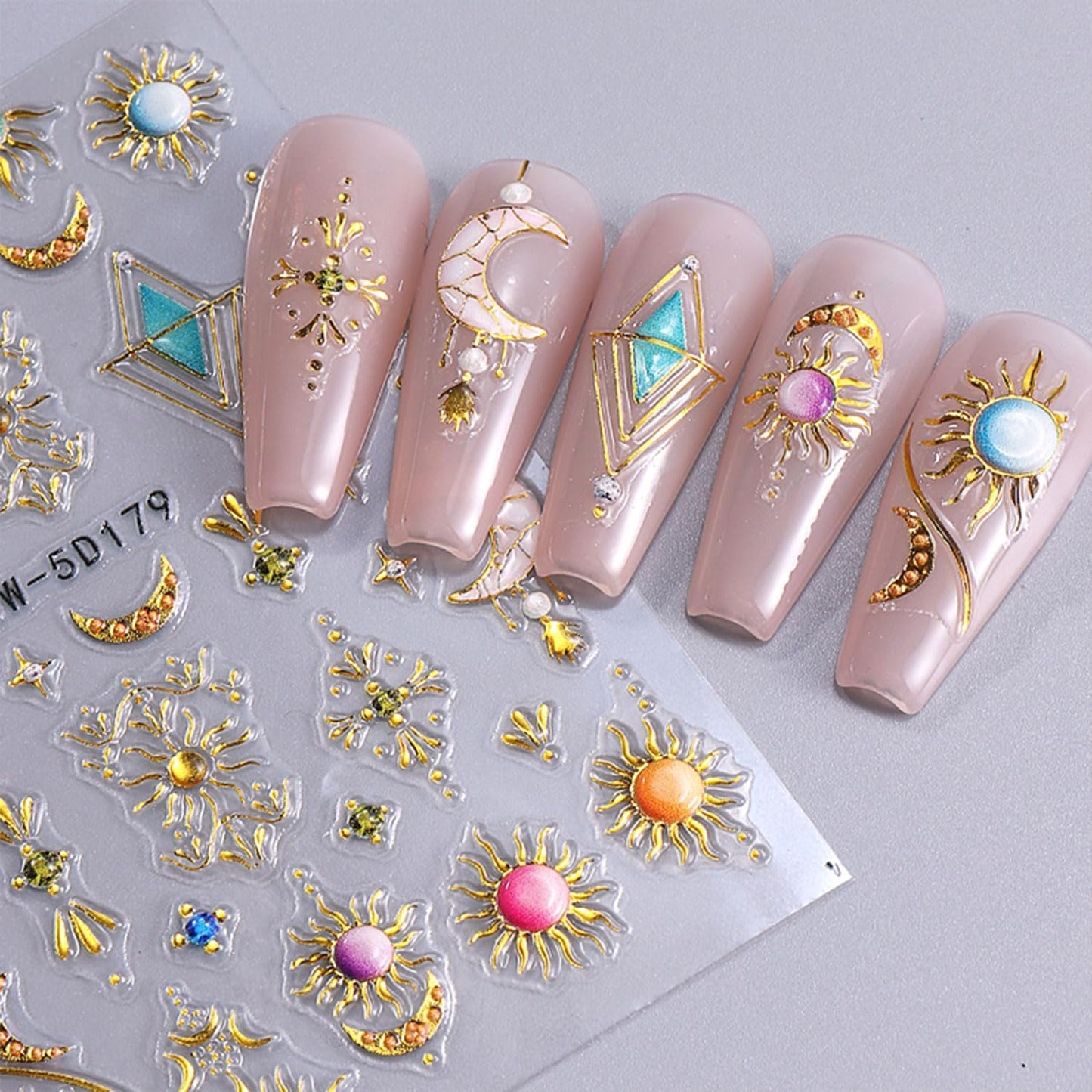 2 Sheets 5D Embossed Star Moon Nail Art Stickers Sun Rhinestones Nail Stickers Designs Nail Decals Supplies Self Adhesive Nails Sticker for Women DIY Acrylic Nail Accessories