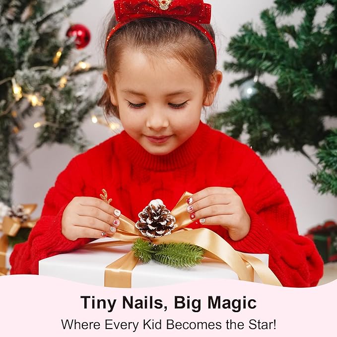 DANNI & TONI Kids Gel Nail Strips Christmas Tree Snowman Snowflake Red Cat Eye Salon-Quality Peel & Stick Manicure for Children (Age 6+)– Safe, Long-Lasting, Easy to Apply | Jingle & Glow