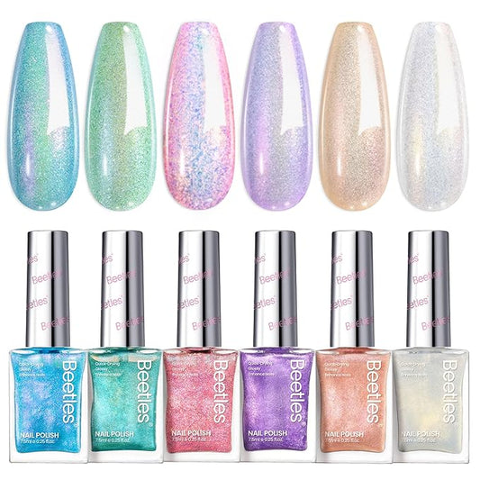 Beetles Pearl Nail Polish Set, 6 Colors Dreamy Pastel Quick Dry Nail Polish Kit, Glitter Long Lasting Shine DIY Manicure Gift for Women Girl Christmas Nail Art