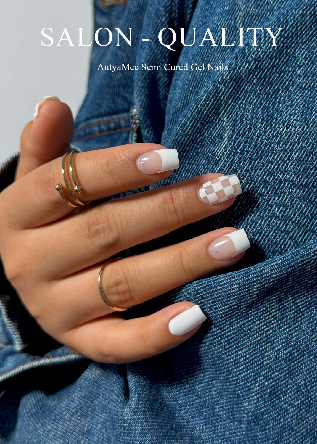 Semi Cured Gel Nail Strips (White Checkered), French, 20 Pcs Gel Nail Wraps, Stickers, UV Light Required, Salon Quality, Long Lasting