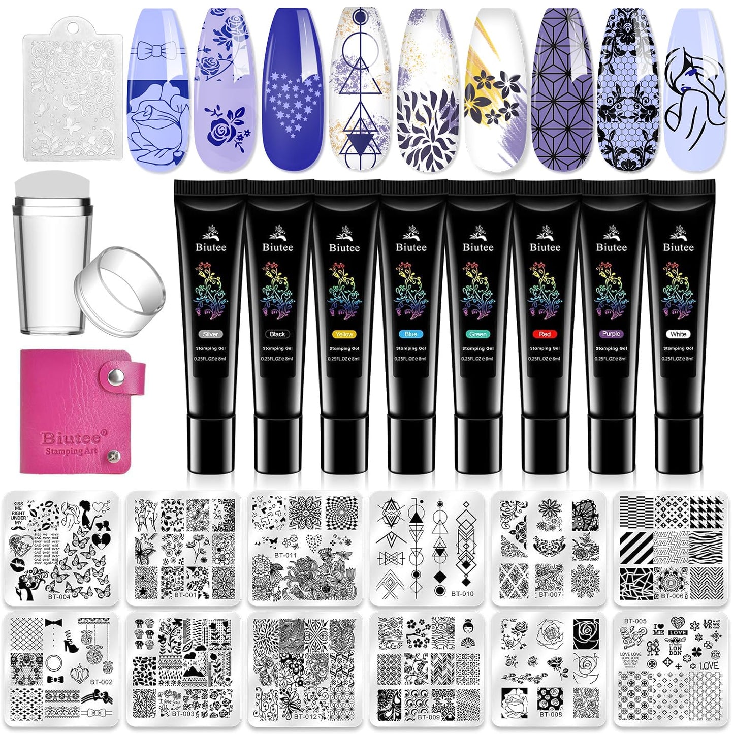 Biutee Nail Stamper Kit 12Pcs Nail Stamping Plate 8Pcs Stamping Gel Polish Nail Stamping Kit with Silicone Stamper Scraper Storage Bag Lace Plaid Stamp Template Halloween Christmas Gift for Women