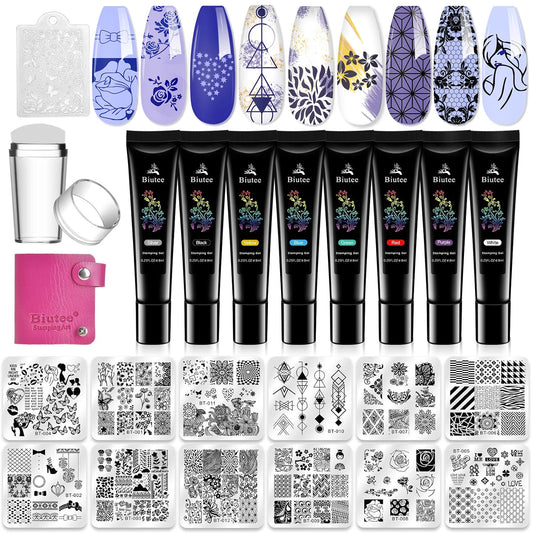 Biutee Nail Stamper Kit 12Pcs Nail Stamping Plate 8Pcs Stamping Gel Polish Nail Stamping Kit with Silicone Stamper Scraper Storage Bag Lace Plaid Stamp Template Halloween Christmas Gift for Women