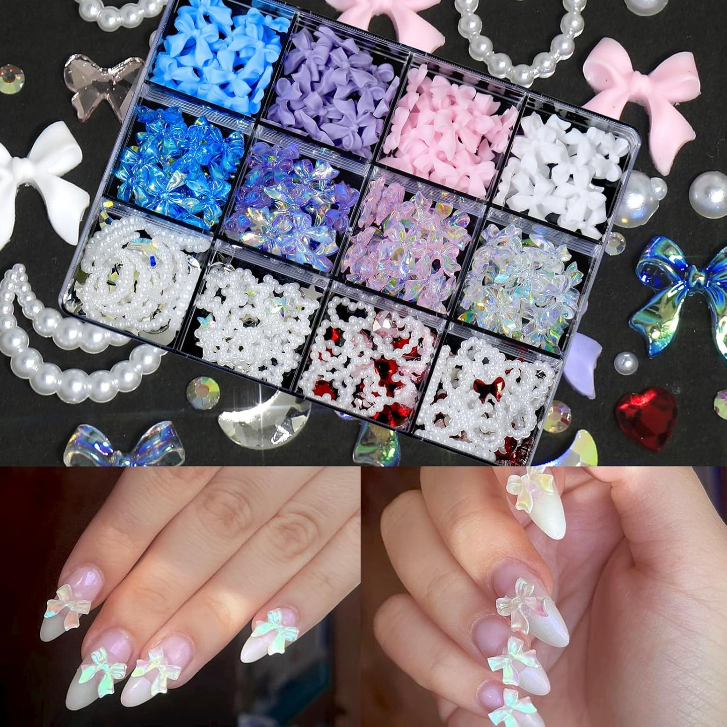HNUIX - Bows Nail Charms, Multi Shaped, Colored 3D Bows, White Star Heart Moon Cute Nail Gems, Pearls & Rhinestones, Includes Tweezer & Pickup Tool