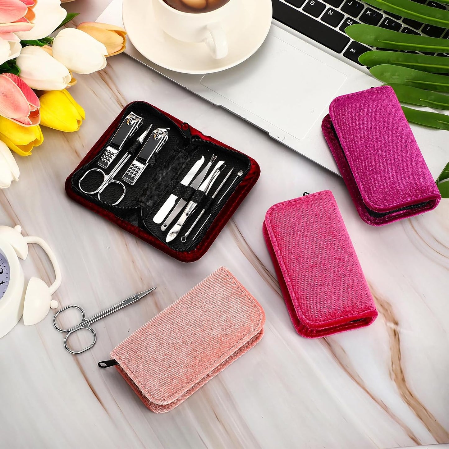 Coume 24 Sets Manicure Set Bulk Rad Tech 8 in 1 Nail Clippers Kit Luxurious Travel Case Stainless Steel Nails Care Tool Office Gift for Coworker Nurse Practitioner Week Christmas(Red Series)