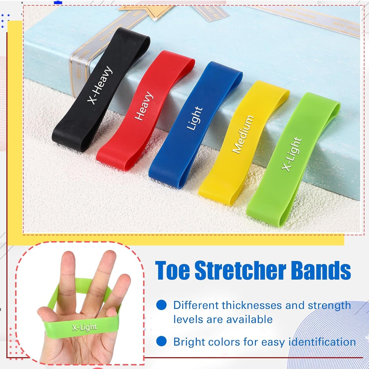 Set of 5 Toe Stretcher Bands for Bunions Correction Foot Big Toe Spacers Resistance Straightener Loop Bands with Carry Bag for Women Men Hallux Valgus Alignment Yoga Exercise(Multicolor)