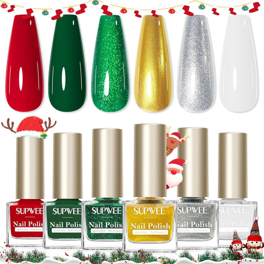 Christmas Nail Polish Set, 6 Colors Red Green Gold Silver Mini Nail polish Non Gel, Quick Dry Fast Drying Fingernail Lacquer for Women Girls Christmas Manicure Salon DIY Home