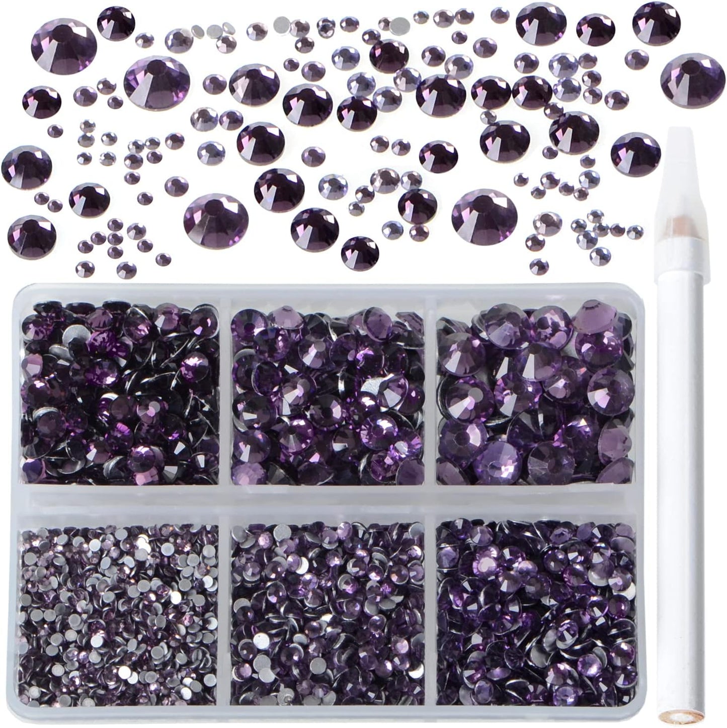 Bymitel 5000 Pieces 6 Mixed Sizes Glue Fix on Glass Rhinestones Round Crystal Gems Flatback for DIY Jewelry Making with one Picking Pen(6-Sizes 5000PCS, Tazanite)