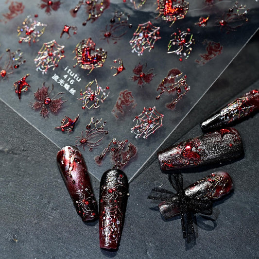 1 Sheets Halloween Nail Stickers for Nail Art 5D Self-Adhesive Embossed Spider Web Nail Art Stickers with Glitter Red Spider Butterfly Heart Bat Nail Decals Halloween Nail Design Sticker for Women