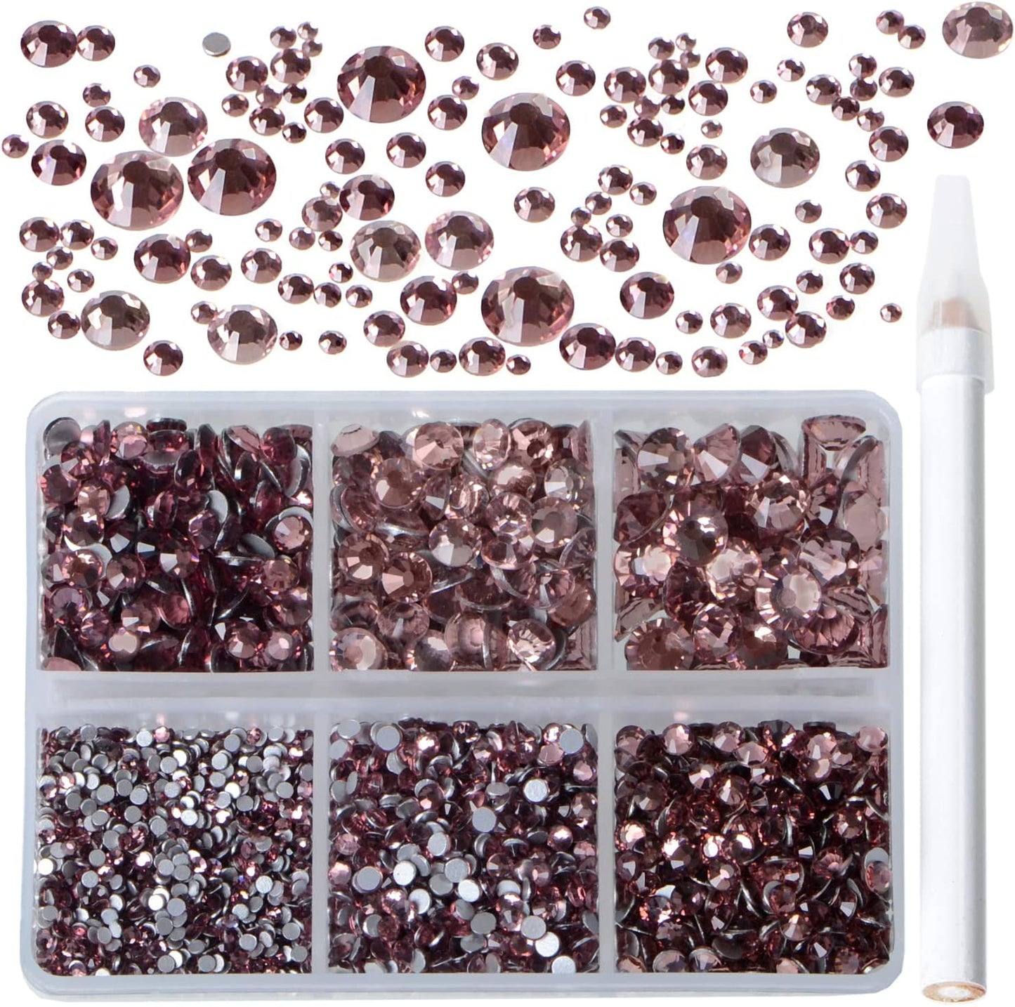 Bymitel 5000 Pieces 6 Mixed Sizes Glue Fix on Glass Rhinestones Round Crystal Gems Flatback for DIY Jewelry Making with one Picking Pen(6-Sizes 5000PCS, Lt. Amethyst)