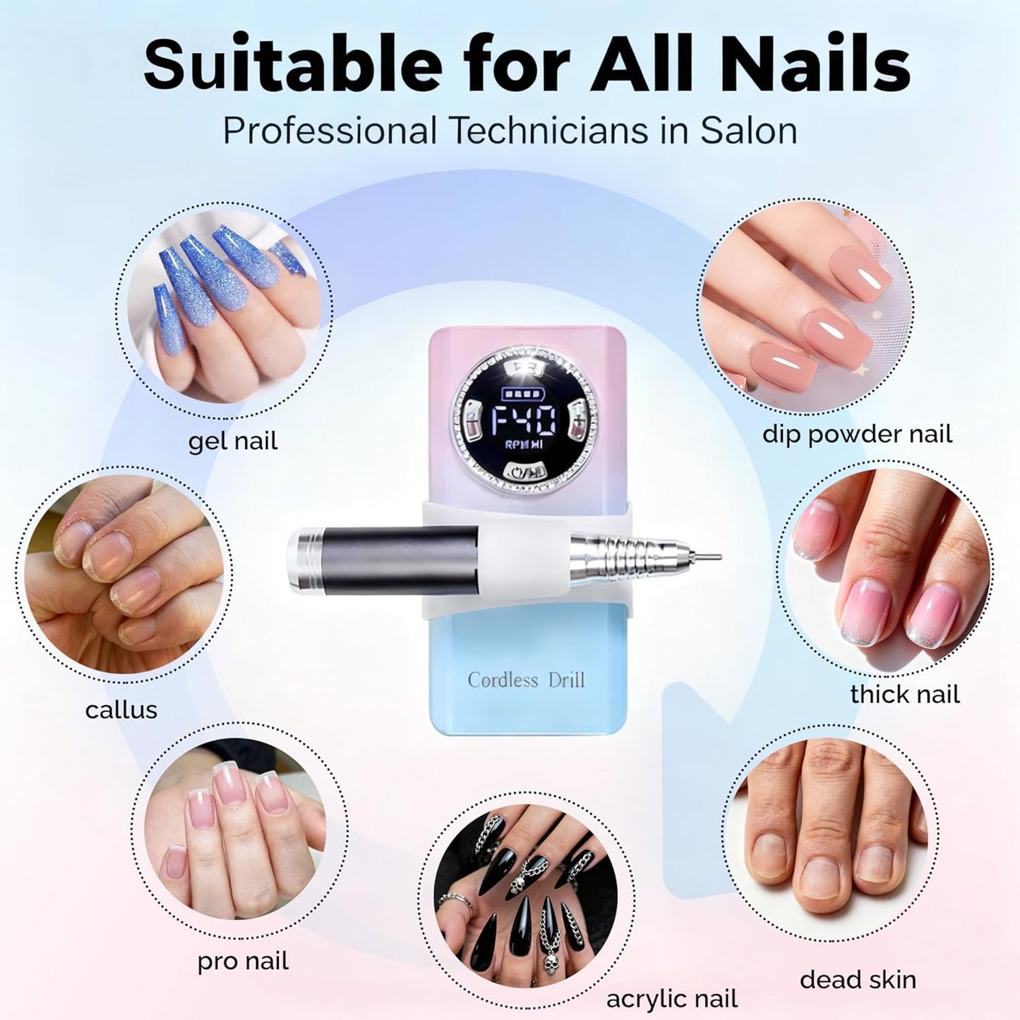 Professional Electric Nail Drill , LUMCRISSY 40000 PRM Electric Nails File Machine for Acrylics, Rechargeable Nail File Nail Grinder Drill Bit Manicure Pedicure for Salon and Home Use