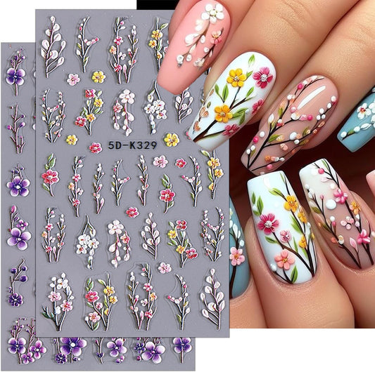 Purple Flower Nail Stickers - 5D Embossed Branch Flowers & Leaves DIY Nail Art Decals - Autumn Colorful Floral Designs for Women & Girls