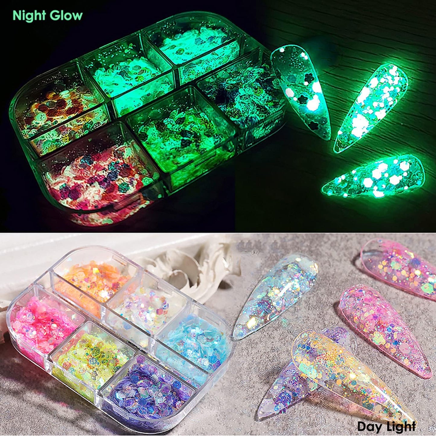 Luminous Nail Glitter Sequins Fluorescent Iridescent Mixed Hexagon Flakes Decoration Holographic 3D Glow Ultra-Thin Confetti Nails Supplies for Women Girls Manicure Tips DIY Crafts Makeup (6 Colors)
