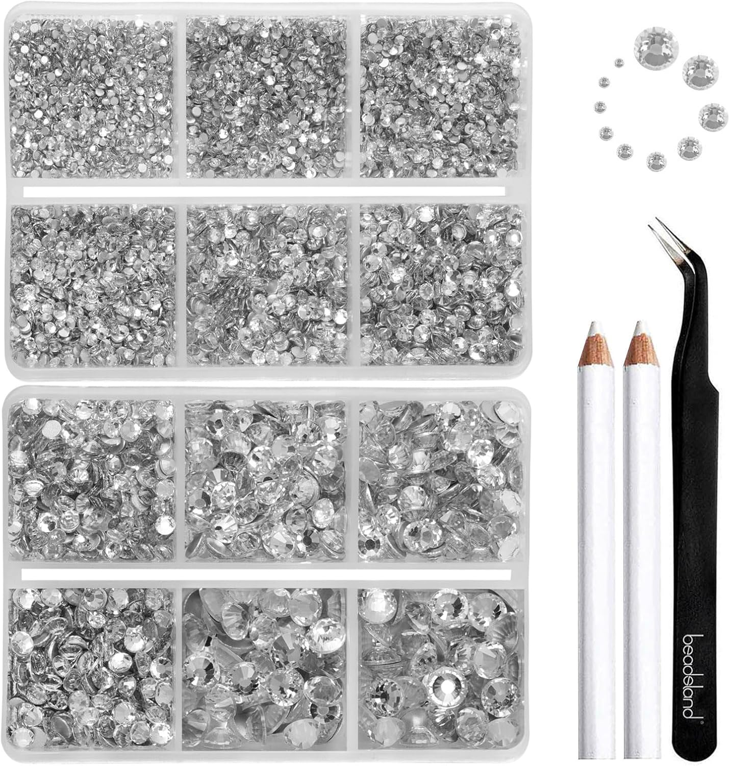 Beadsland 8300PCS Flatback Rhinestones, Clear Rhinestone Nail Gems Round Crystal Rhinestones for Crafts, Mixed 10 Sizes with Wax Pencil and Tweezer Kit, SS3-SS30, Crystal