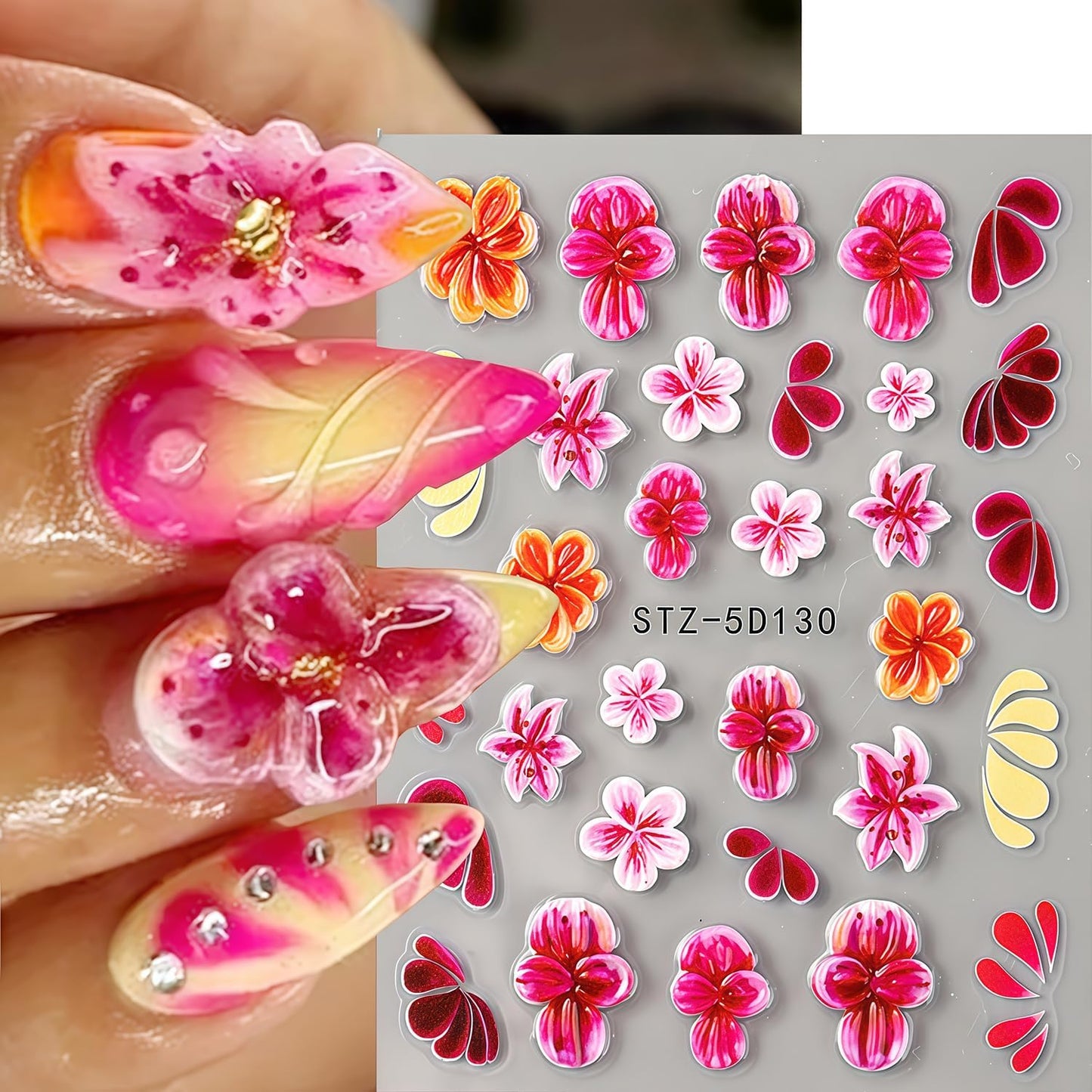 Summer Nail Stickers 5D Embossed Cute Flower Pattern Ocean Colorful Starfish Self-Adhesive Design Nail Art Stickers Beach Nail Decals for Women Festival Vacation Manicure Kit DIY Decoration