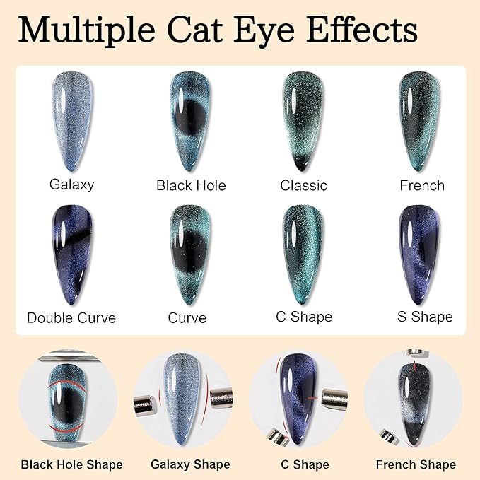 Blue Tears Cat Eye Gel Nail Polish, 7.5ml*6 with Magnets Stick, Galaxy Chameleon Effect Silky Cat Eye Nail Gel Soak Off Nail Art Salon Manicure Home Ladies Gift