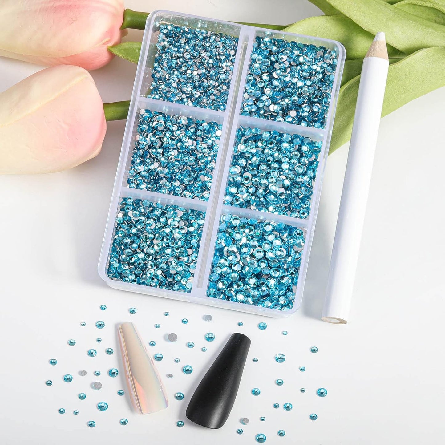 Beadsland 7200pcs Flatback Rhinestones,Blue Rhinestone Nail Gems Round Crystal Rhinestones for Crafts,Mixed 6 Sizes with Wax Pencil Kit, SS3-SS10,Aquamarine