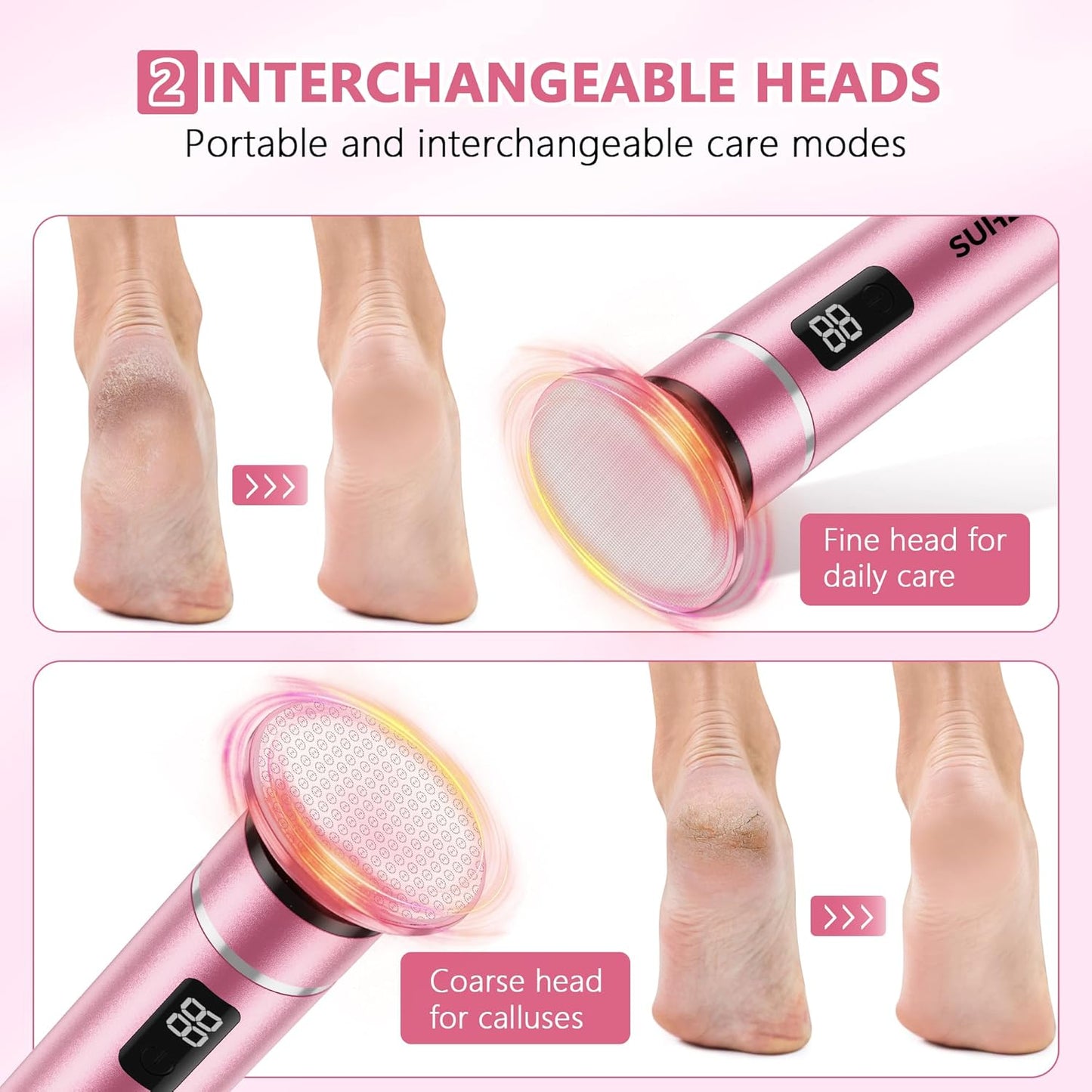 Electric-Foot-File-Callus-Remover Glass Grinding Head Electric Callus Remover for Feet Rechargeable Foot Grinder Dead Skin Pedicure Tools Adjustable Speed Foot Sander with Led Display (Pink)