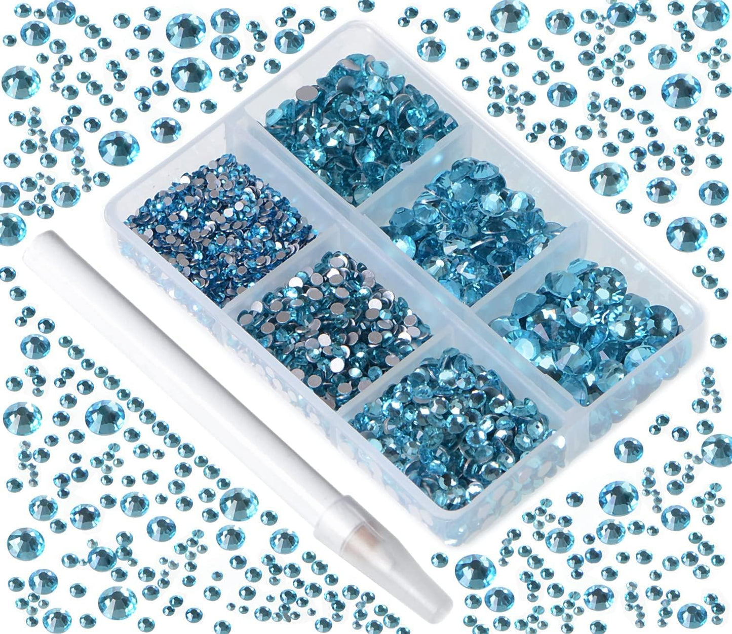 Bymitel 5000 Pieces 6 Mixed Sizes Glue Fix on Glass Rhinestones Round Crystal Gems Flatback for DIY Jewelry Making with one Picking Pen(6-Sizes 5000PCS, Aquamarine)