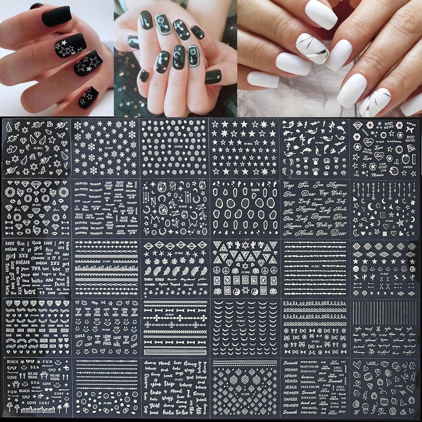 90 Sheets Silver Nail Art Stickers Holographic Laser Silver Nail Decals 3D Self Adhesive Nail Stickers for Nail Art Designs Star Line Flower Nails Supplies for Women Nail Decoration with Nail Tweezer