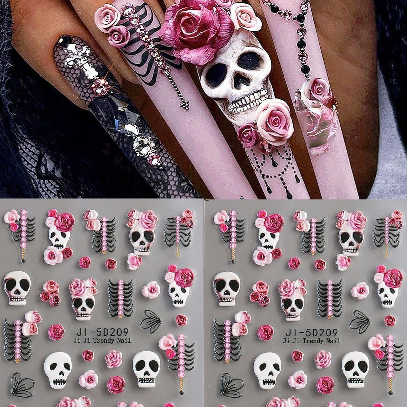 Halloween Nail Art Stickers 4PCS 5D Embossed Skeleton Rose Skull Nail Decals Self-Adhesive Nail Art Supplies Fantasy Bone Design Halloween Manicure Stickers for Women DIY Nail Art Decorations