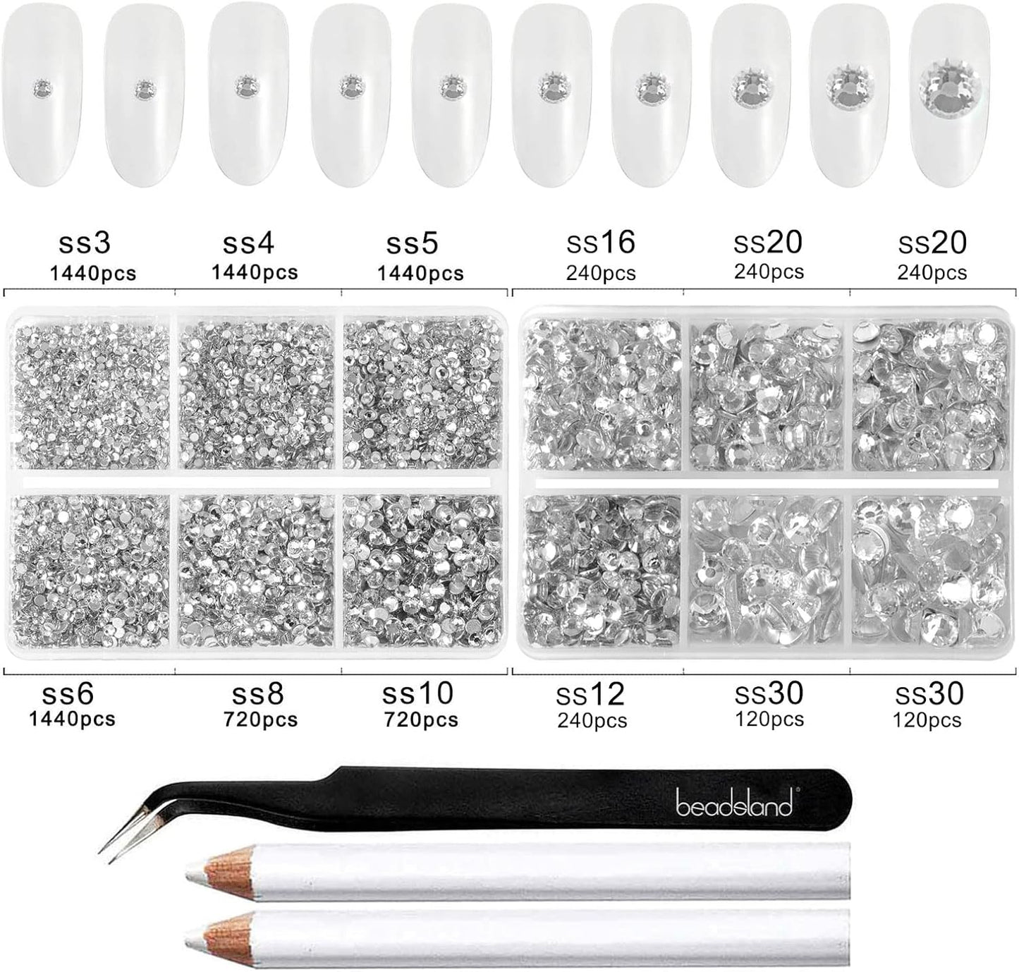 Beadsland 8300PCS Flatback Rhinestones, Clear Rhinestone Nail Gems Round Crystal Rhinestones for Crafts, Mixed 10 Sizes with Wax Pencil and Tweezer Kit, SS3-SS30, Crystal