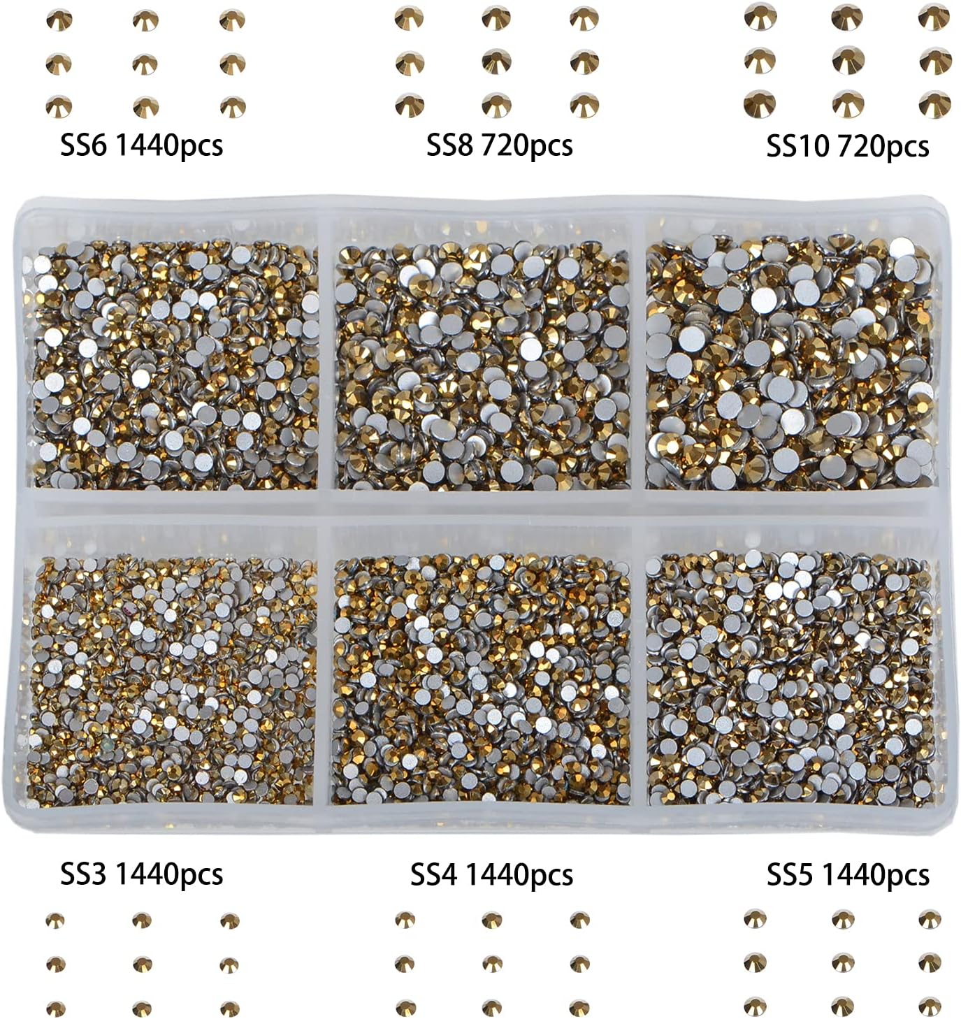 Bymitel 7200 Pieces 6 Mixed Sizes Glue Fix on Glass Rhinestones Round Crystal Gems Flatback for DIY Jewelry Making with one Picking Pen (6-Sizes 7200PCS, Aurum)