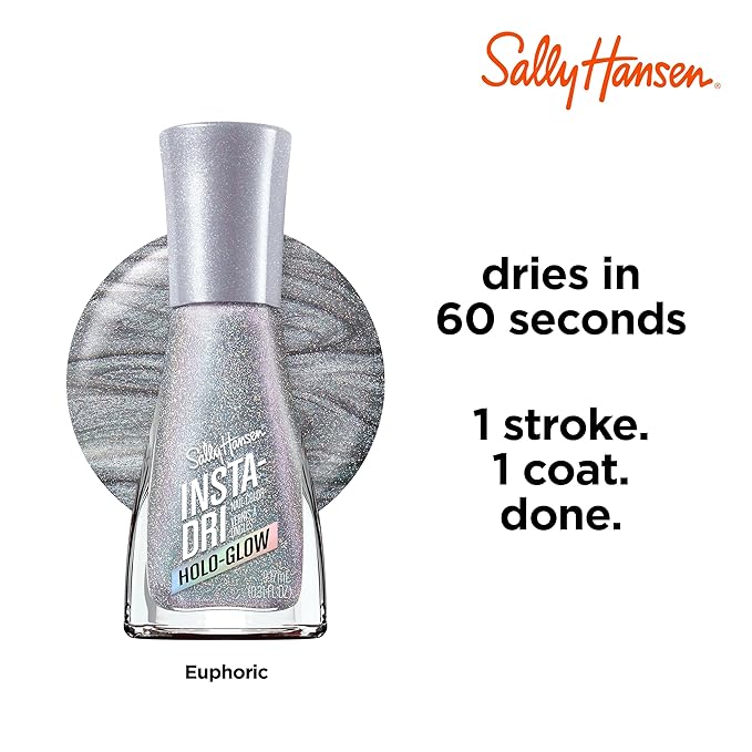 Sally Hansen Insta-Dri Holo-Glow Nail Polish | Quick Dry, Long Lasting, Streak-Free Shine | Semi-Opaque, Shimmer | 103 Euphoric | Holographic Gray Nail Color