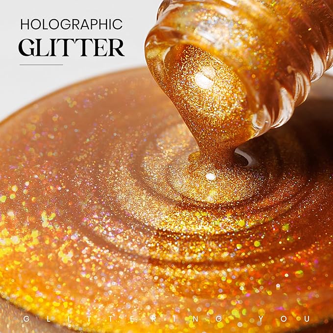 MIZHSE Holographic Nail Polish, Gold Glitter Nail Polish Air Dry Fast, 15 ml 0.5 fl oz High Glossy Shiny Nail Pigment Oil-based Laser Iridescent Chrome Halo Nail Art Salon Manicure Home