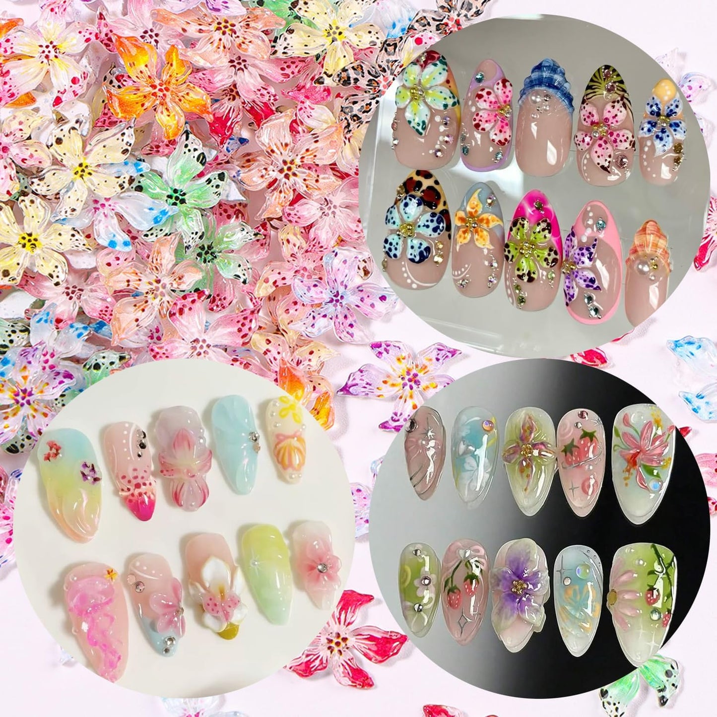 3D Hawaii Flowers for Nails,Spring Hibiscus Floral Nail Art Charms Lily Flowers for Nail Rhinestones Craft Multi-Color Petal Relief Flower Charms for Summer Acrylic Nail Jewelry Manicure Accessories