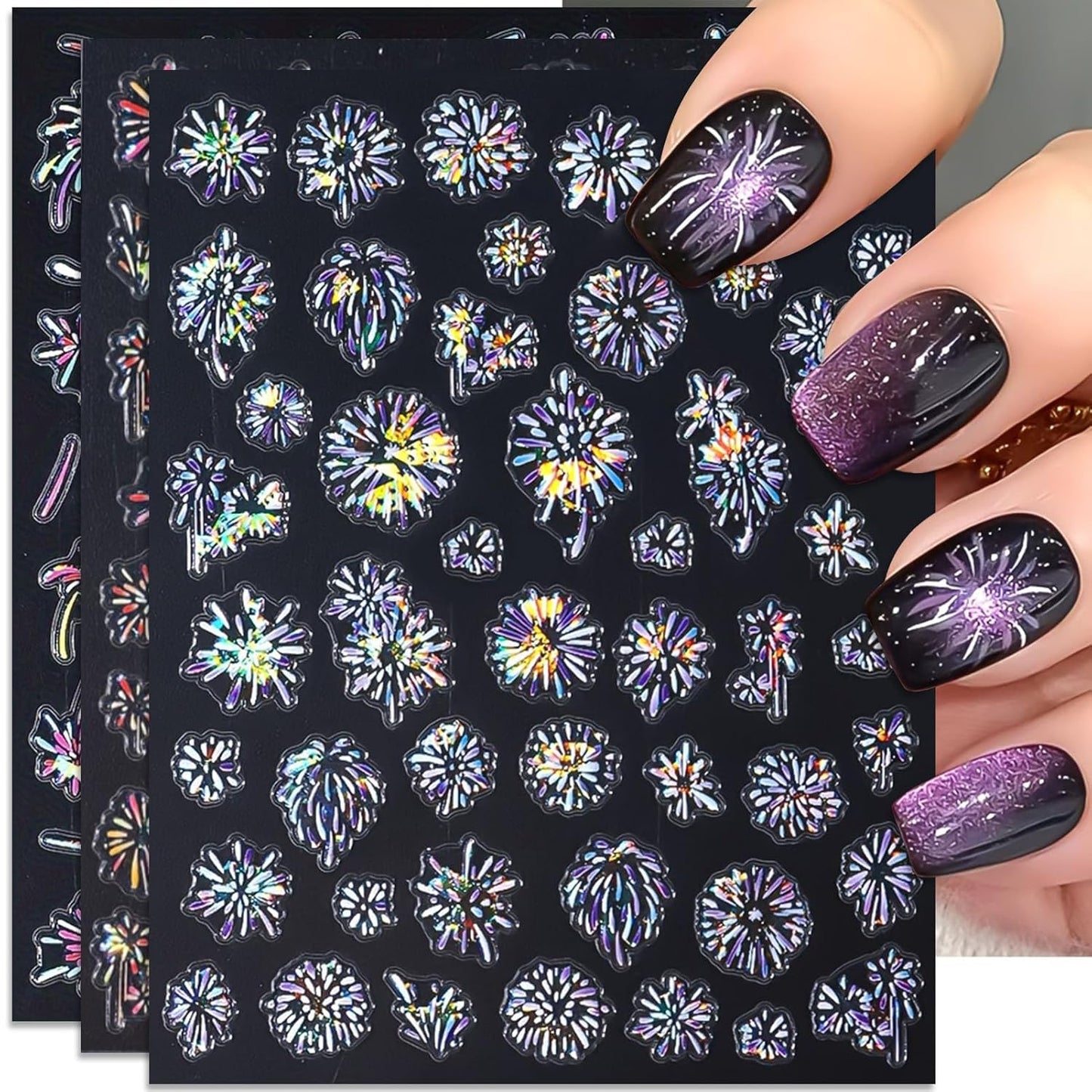 Glitter Firework Nail Art Stickers - Celebrating The New Year, 4th of July Shining Starry Sky Self-Adhesive Nail Decals for DIY Patriotic Independence Day Memorial Day Manicure (3 Sheets)
