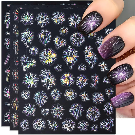 Glitter Firework Nail Art Stickers - Celebrating The New Year, 4th of July Shining Starry Sky Self-Adhesive Nail Decals for DIY Patriotic Independence Day Memorial Day Manicure (3 Sheets)