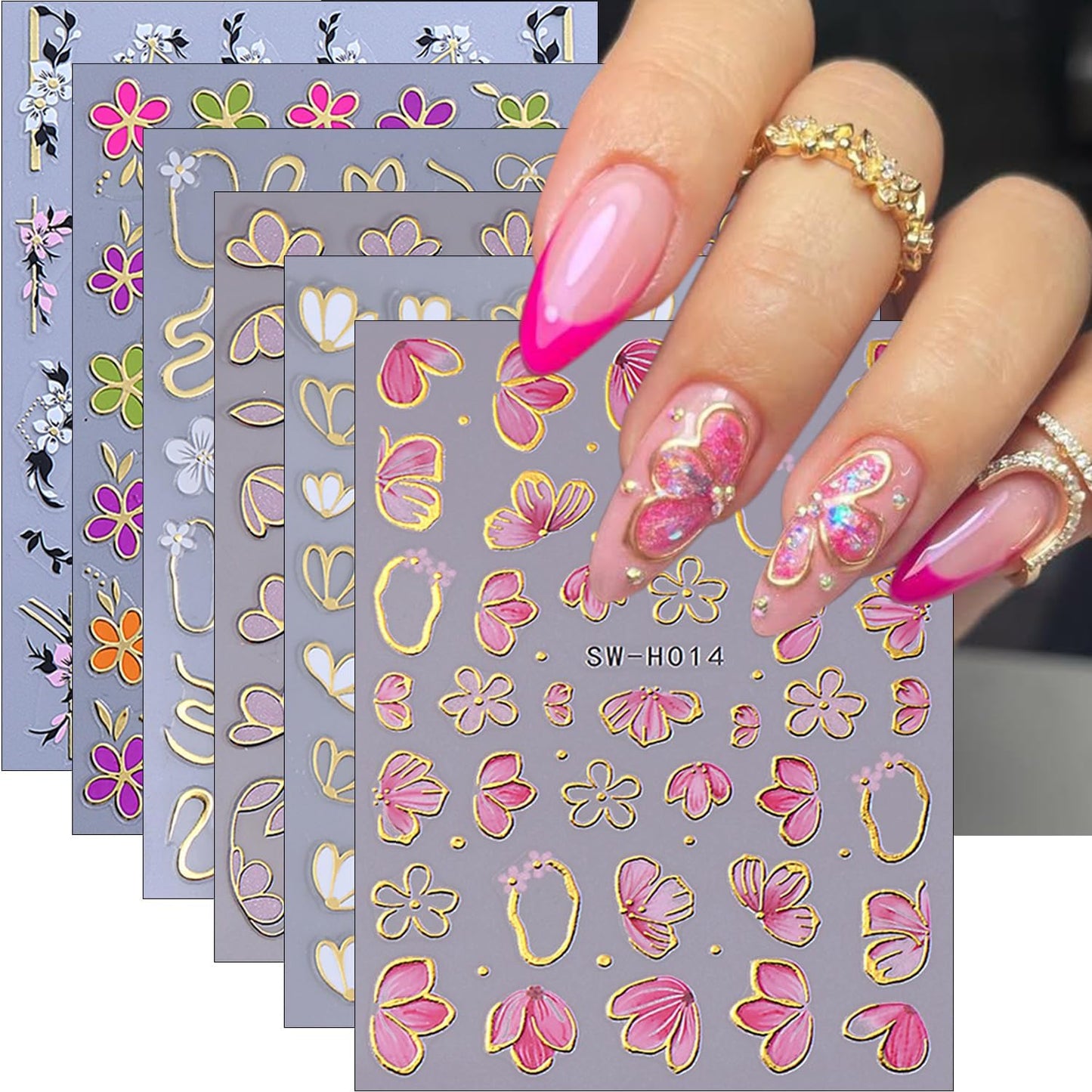 6Pcs Flower Nail Stickers for Nail Art Elegant Floral Nail Decals 3D Self-Adhesive Colorful Blossom Flower Nail Art Stickers Gold Bow Nail Supplies Spring Nail Decoration Accessories for Women Girls
