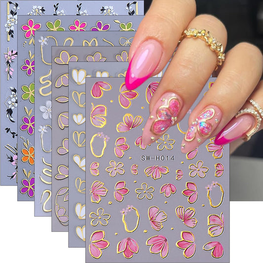 6Pcs Flower Nail Stickers for Nail Art Elegant Floral Nail Decals 3D Self-Adhesive Colorful Blossom Flower Nail Art Stickers Gold Bow Nail Supplies Spring Nail Decoration Accessories for Women Girls
